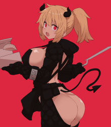 Rule 34 | 1girl, :d, apron, ass, bare back, black apron, blonde hair, breasts, demon tail, dorohedoro, dumpling, food, from behind, highres, holding, huge breasts, looking at viewer, looking back, medium hair, naked apron, nikaidou (dorohedoro), open mouth, ponytail, red background, red eyes, shrug (clothing), simple background, smile, solo, standing, sumiyao (amam), tail, wide-eyed