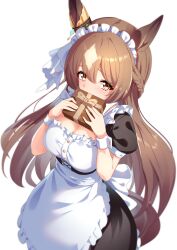 Rule 34 | 1girl, absurdres, alternate costume, apron, black dress, box, braid, breasts, brown eyes, brown hair, commentary request, dress, ear ornament, enmaided, french braid, frilled apron, frills, heart, highres, holding, holding box, horse girl, large breasts, long hair, looking at viewer, maid, maid apron, maid headdress, multicolored hair, open mouth, puffy short sleeves, puffy sleeves, satono diamond (umamusume), short sleeves, simple background, smile, solo, streaked hair, sunny (20597521), umamusume, valentine, waist apron, white apron, white background