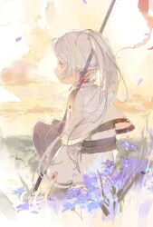 Rule 34 | 1girl, capelet, elf, flower, frieren, grass, highres, holding, holding staff, kurikabacha, long hair, long sleeves, pointy ears, profile, sitting, sketch, sky, solo, sousou no frieren, staff, twintails, white capelet, white hair