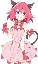 Rule 34 | 1girl, animal ears, bell, bow, bowtie, bright pupils, cat ears, cat girl, cat tail, closed mouth, commentary, dress, fang, gloves, ixy, jingle bell, looking at viewer, mew ichigo, momomiya ichigo, pink dress, pink hair, red bow, red bowtie, red eyes, red gloves, short hair, simple background, smile, solo, symbol-only commentary, tail, tail bell, tail ornament, tokyo mew mew, white background, white pupils