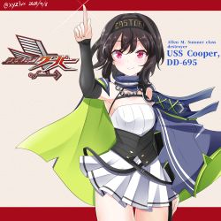 Rule 34 | 1girl, arm up, armpits, azur lane, bare shoulders, black hair, black headband, black sleeves, blue cape, blue collar, border, breasts, cape, chain, character name, clothes writing, collar, collarbone, commentary request, cooper (azur lane), cowboy shot, dated, detached sleeves, dress, eagle union (emblem) (azur lane), glint, hachimaki, hair between eyes, hair intakes, headband, hebitsukai-san, highres, index finger raised, kamen rider, kamen rider kabuto (series), letterboxed, looking at viewer, o-ring, o-ring collar, parody, pink eyes, pleated dress, red border, short hair, sidelocks, simple background, sleeveless, sleeveless dress, small breasts, smile, solo, standing, strapless, strapless dress, thigh gap, twitter username, white dress, wind, wind lift