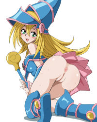 Rule 34 | 1girl, anus, ass, bare shoulders, blonde hair, boots, breasts, dark magician girl, duel monster, green eyes, hat, highres, kneeling, long hair, looking at viewer, naughty face, no panties, open mouth, pussy, rayphenos, sideboob, smile, staff, sweat, uncensored, upskirt, yu-gi-oh!, yuu-gi-ou, yu-gi-oh! duel monsters