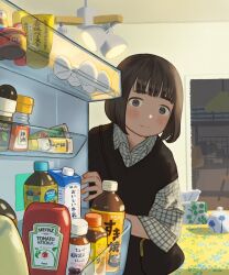 Rule 34 | 1girl, black eyes, black hair, black sweater vest, blunt bangs, blush, bottle, closed mouth, egg, food, heinz, highres, indoors, ketchup, ketchup bottle, kitchen, lamp, looking at viewer, original, refrigerator, refrigerator interior, short hair, solo, sumika inagaki, sweater vest, table, teapot, tissue box, upper body