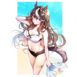 Rule 34 | 1girl, alternate costume, animal ears, arm up, bare shoulders, bikini, blush, breasts, brown hair, cleavage, closed mouth, commentary request, dabi (15dldl15), feet out of frame, halterneck, hand in own hair, highres, holding, holding towel, horse ears, horse girl, horse tail, jewelry, long hair, looking at viewer, medium breasts, multicolored hair, navel, smile, solo, sparkle, streaked hair, swimsuit, symboli rudolf (umamusume), tail, towel, umamusume, water drop