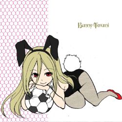 Rule 34 | 1boy, afuro terumi, animal ears, blonde hair, crossdressing, english text, fake animal ears, fishnets, full body, high heels, inazuma eleven, inazuma eleven (series), long hair, lying, male focus, new year, pantyhose, playboy bunny, rabbit ears, rabbit tail, red eyes, shoes, smile, soccer, solo, tail, trap