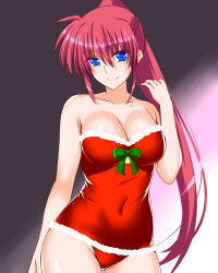 Rule 34 | 1girl, bare shoulders, blue eyes, bow, braid, breasts, christmas, cleavage, closed mouth, commentary, covered navel, cowboy shot, crown braid, engo (aquawatery), fur-trimmed swimsuit, green bow, highres, large breasts, long hair, looking at viewer, lyrical nanoha, mahou shoujo lyrical nanoha, mahou shoujo lyrical nanoha a&#039;s, one-piece swimsuit, ponytail, red hair, red one-piece swimsuit, signum, smile, solo, standing, strapless, strapless one-piece swimsuit, swimsuit