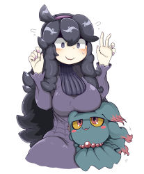 Rule 34 | 1girl, :3, @ @, alternate breast size, blush, blush stickers, breast lift, breasts, creatures (company), game freak, gen 2 pokemon, hairband, hex maniac (pokemon), highres, large breasts, messy hair, misdreavus, nintendo, npc trainer, pokemon, pokemon (creature), pokemon xy, purple hairband, ribbed sweater, simple background, sweater, tazonotanbo, white background