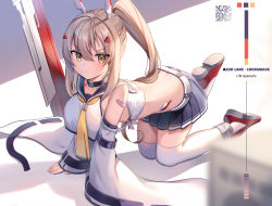 &gt;:( 1girl all_fours ayanami_(azur_lane) ayanami_(retrofit)_(azur_lane) azur_lane belt blurry character_name choker commentary_request copyright_name depth_of_field detached_sleeves from_above greenapple hair_ornament hairclip headgear highres knee_up long_hair looking_at_viewer looking_up midriff pleated_skirt ponytail retrofit_(azur_lane) school_uniform serafuku sidelocks silver_hair skirt solo sword thighhighs weapon white_thighhighs wide_sleeves yellow_eyes zettai_ryouiki