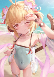 Rule 34 | 1girl, ;q, ahoge, andira (granblue fantasy), animal ears, armpits, beach, blonde hair, blush, bridal garter, commentary request, erune, flower, granblue fantasy, hair flower, hair ornament, hand up, highres, kimblee, looking at viewer, monkey ears, monkey tail, one-piece swimsuit, one eye closed, red eyes, sand, short hair, solo, straight neck, sunlight, swimsuit, tail, thigh strap, thighs, tongue, tongue out, wet