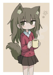 Rule 34 | 1girl, animal ear fluff, animal ears, border, brown eyes, brown hair, brown skirt, buttons, cardigan, closed mouth, collared shirt, cowboy shot, cup, extra ears, flower, fox ears, fox girl, fox tail, holding, holding cup, kanikan, light blush, long hair, long sleeves, looking at viewer, miniskirt, mug, original, outside border, pleated skirt, red cardigan, shirt, simple background, skirt, solo, standing, steam, tail, white border, white shirt, yellow background