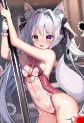 Rule 34 | 1girl, absurdres, ahoge, animal ear fluff, animal ears, black bow, blurry, blurry background, blush, bow, breasts, commentary request, covered navel, depth of field, fang, fox ears, fox girl, fox tail, gloves, grey hair, hair bow, hair intakes, heterochromia, highres, leotard, long hair, looking at viewer, meme attire, navel, open mouth, original, playboy bunny, pole dancing, purple eyes, red bow, red eyes, red leotard, rinringyo, single glove, small breasts, solo, strapless, strapless leotard, sweat, tail, translucent bunnysuit, twintails, very long hair, white gloves
