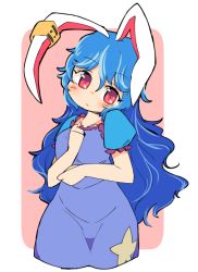 Rule 34 | 1girl, alternate hairstyle, animal ears, blue dress, blue hair, blush, breasts, rabbit ears, collarbone, dress, earclip, hand on own chest, head tilt, ini (inunabe00), long hair, puffy short sleeves, puffy sleeves, red eyes, seiran (touhou), short sleeves, small breasts, solo, touhou, very long hair, wavy hair