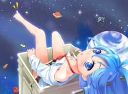 Rule 34 | 10s, 1girl, :o, ahoge, antenna hair, bad feet, bare legs, bare shoulders, barefoot, blue eyes, blue hair, blush, bow, denpa onna to seishun otoko, earth (planet), feet, in container, long hair, looking at viewer, looking up, matching hair/eyes, nail polish, off shoulder, open mouth, planet, school uniform, sitting, skirt, solo, space, toe-point, toes, touwa erio, ufo, very long hair, wapokichi