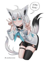 Rule 34 | 1girl, ahoge, animal ears, aqua eyes, black shorts, blue neckerchief, blush, braid, breasts, detached sleeves, double-parted bangs, english text, fox ears, fox girl, fox shadow puppet, fox tail, front slit, hair between eyes, highres, hololive, hood, hooded vest, hoodie, long hair, looking at viewer, low ponytail, medium breasts, midriff peek, neckerchief, pentagram, seventeencrows, shirakami fubuki, shirakami fubuki (1st costume), short shorts, shorts, simple background, single braid, single thighhigh, skindentation, smile, solo, speech bubble, strapless, tail, thigh strap, thighhighs, twitter username, vest, virtual youtuber, white background, white sleeves, wide sleeves