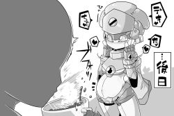 Rule 34 | 1girl, android, artist request, blush, coffee, monochrome, pregnant, robot, translation request