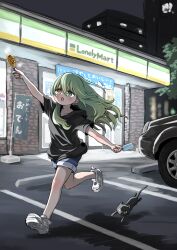 1girl :o black_hoodie blue_shorts blush brand_name_imitation brick_wall building car collarbone corn_dog familymart food green_eyes green_hair hair_between_eyes heterochromia highres holding holding_food hood hood_down hoodie kamatama kuso_zako_choroin_nishiga_hachi long_hair motor_vehicle night night_sky open_mouth outdoors popsicle running saiba_mirai shoe_soles shoes shop short_sleeves shorts sign sky solo v-shaped_eyebrows very_long_hair white_footwear yellow_eyes