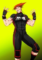 Rule 34 | 1boy, abs, adon (street fighter), alternate costume, bad id, bad pixiv id, bodysuit, capcom, fingerless gloves, gloves, gradient background, grin, knee pads, male focus, mixed martial arts, muscular, orange hair, sasaki (sid328), smile, socks, solo, spiked hair, street fighter