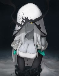 Rule 34 | 1girl, absurdres, abyssal ship, breasts, brown eyes, cleavage, collarbone, colored skin, enri (enriko683), entombed air defense guardian princess, grey skin, hair over one eye, highres, hood, hood up, kantai collection, large breasts, long hair, looking at viewer, parted lips, solo, upper body, white hair