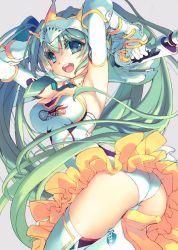 Rule 34 | 1girl, armpits, arms up, ass, blue hair, breasts, cleavage, elbow gloves, gloves, goodsmile company, goodsmile racing, green eyes, green hair, hatsune miku, headpiece, high heels, large breasts, long hair, looking at viewer, matching hair/eyes, necktie, open mouth, panties, pantyshot, sagano aoi, solo, thighhighs, twintails, umbrella, underwear, upskirt, very long hair, vocaloid, white gloves, white panties