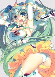 1girl armpits arms_up ass blue_hair breasts cleavage elbow_gloves female_focus gloves goodsmile_company goodsmile_racing green_eyes green_hair hatsune_miku headpiece high_heels large_breasts long_hair looking_at_viewer matching_hair/eyes necktie open_mouth panties pantyshot sagano_aoi solo thighhighs twintails umbrella underwear upskirt very_long_hair vocaloid white_gloves white_panties