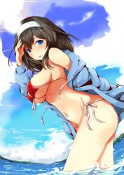 Rule 34 | 1girl, arm behind back, bad id, bad twitter id, bikini, black hair, blue eyes, blue shirt, blue sky, blush, breasts, cloud, cloudy sky, commentary request, day, drop shadow, front-tie bikini top, front-tie top, hanchou (shirokun555), idolmaster, idolmaster cinderella girls, leaning forward, long hair, long sleeves, looking at viewer, medium breasts, navel, no pants, ocean, open clothes, open mouth, open shirt, outdoors, parted lips, red bikini, sagisawa fumika, shading eyes, shirt, side-tie bikini bottom, sky, smile, solo, standing, sun, sunlight, swimsuit, thighs, wading