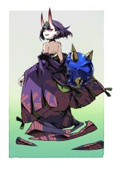Rule 34 | 1girl, bare shoulders, fate/grand order, fate (series), gradient background, gradient horns, highres, horns, japanese clothes, lamian (pixiv415608), looking at viewer, looking back, multicolored horns, off shoulder, oni, parted lips, patterned, patterned clothing, pointy ears, purple eyes, purple hair, short hair, shuten douji (fate), skin-covered horns, smile, solo, spikes