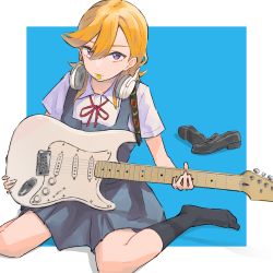 Rule 34 | 1girl, bad id, bad pixiv id, black socks, blonde hair, blue background, blue dress, closed mouth, commentary, dress, electric guitar, full body, guitar, hair between eyes, headphones, headphones around neck, highres, holding, holding instrument, instrument, irenji, long hair, looking at viewer, love live!, love live! superstar!!, pinafore dress, plectrum, plectrum in mouth, purple eyes, shibuya kanon, shirt, shoes, unworn shoes, short sleeves, sitting, sleeveless dress, socks, solo, two-tone background, wariza, white background, white shirt