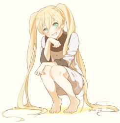 Rule 34 | 1girl, bad id, bad twitter id, barefoot, blonde hair, blush, dress, feet, full body, green eyes, grin, hand on own knee, kekkai sensen, long hair, marin (myuy 3), simple background, sleeves rolled up, smile, solo, squatting, twintails, twitter username, very long hair, white (kekkai sensen), yellow background