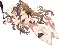 Rule 34 | 1girl, animal ears, ass, bare shoulders, book, bow, brown hair, chestnut mouth, green eyes, harunoibuki, ink bottle, bridal garter, legs up, long hair, looking at viewer, lying, on stomach, open book, original, paw print, quill, shoes, solo, white legwear