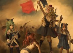 Rule 34 | 4girls, age progression, asakaze (kancolle), blonde hair, blue hair, blue ribbon, brown hair, commandant teste (kancolle), fine art parody, french flag, green hair, hair ornament, japanese clothes, kantai collection, liberty leading the people, meiji schoolgirl uniform, multicolored hair, multiple girls, onst k, parody, ribbon, saratoga (kancolle), statue of liberty, torpedo, twintails, weapon, yamakaze (kancolle)