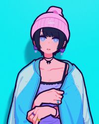 Rule 34 | 1girl, aqua background, beanie, black hair, blanket, blue eyes, bright pupils, camisole, earrings, hat, highres, jewelry, looking at viewer, miyoshi yoshimi, open mouth, original, pink hat, purple camisole, ring, shadow, short hair, simple background, solo, upper body, watch, white pupils, wristwatch
