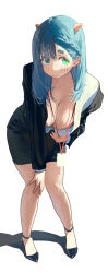 Rule 34 | 1girl, aqua hair, bent over, blush, breasts, cleavage, green eyes, highres, horns, large breasts, leaning forward, long hair, long sleeves, nahia (some1else45), office lady, original, shirt, simple background, skirt, solo, some1else45, white background