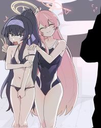 Rule 34 | 2girls, ^^^, ^ ^, ahoge, bikini, black bikini, black eyes, black hair, blue archive, blue hairband, breasts, closed eyes, closed mouth, collarbone, hairband, halo, hanako (blue archive), hand on another&#039;s shoulder, highres, long hair, medium breasts, multiple girls, pearlgang e, pink hair, pink halo, ponytail, school swimsuit, small breasts, smile, swimsuit, thighhighs, thighs, ui (blue archive), ui (swimsuit) (blue archive), v, yellow halo