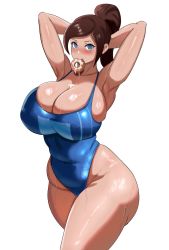 Rule 34 | 1girl, :&gt;, alternate hairstyle, arms up, asahina aoi, blue eyes, blush, breast press, breasts, brown hair, curvy, danganronpa (series), dark skin, doughnut, embarrassed, food, highleg, highleg swimsuit, highres, large breasts, long hair, looking at viewer, one-piece swimsuit, ponytail, shiny skin, solo, swimsuit, thick thighs, thighs, wide hips, ytrall
