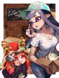 Rule 34 | 2girls, ^ ^, baseball cap, border, box, breasts, closed eyes, collarbone, colored eyelashes, commentary request, craymond (splatoon), denim, flow (splatoon), hat, highres, holding, holding box, inkling, inkling girl, inkling player character, jajanome, jeans, long hair, multiple girls, nintendo, open mouth, outside border, pants, purple eyes, purple hair, shirt, smile, splatoon (series), tentacle hair, torn clothes, torn jeans, torn pants, white border, white shirt