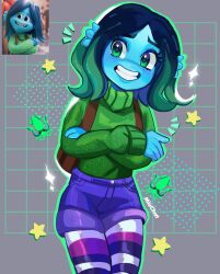 Rule 34 | 1girl, animification, blue hair, blue shorts, blue skin, colored skin, fins, green eyes, green hair, green sweater, grin, head fins, highres, miuchat cat, monster girl, multicolored hair, official art inset, pantyhose, reference inset, ruby gillman, ruby gillman: teenage kraken, ruby gillman (character), shorts, simple background, smile, socks, solo, striped clothes, striped socks, sweater