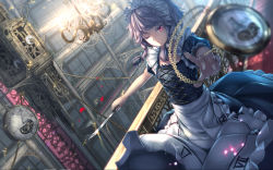 Rule 34 | 1girl, blurry, bow, chain, chandelier, clock, dutch angle, hair bow, hair ornament, hair ribbon, highres, holding, izayoi sakuya, knife, looking at viewer, maid, one eye closed, petals, pocket watch, red eyes, ribbon, ryosios, short hair, silver hair, smile, solo, touhou, watch