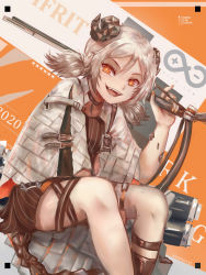 Rule 34 | 1girl, arknights, blonde hair, character name, fangs, flamethrower, highres, horns, id card, ifrit (arknights), open mouth, skirt, smile, strap, twintails, weapon, white hair, xilveroxas