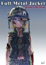 Rule 34 | 1girl, ace (playing card), animification, bandage over one eye, bandages, belt, blonde hair, blood, blue eyes, breasts, bullet, card, cuts, dog tags, english text, full metal jacket, helmet, injury, jewelry, military, military uniform, necklace, peace symbol, playing card, ranguage, short hair, signature, siqi (miharuu), soldier, solo, torn clothes, uniform, united states, vietnam, war