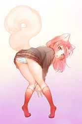 Rule 34 | 10s, 1girl, animal ear fluff, animal ears, animal hands, ass, bent over, blade &amp; soul, blush, cardigan, dog ears, from behind, full body, gradient background, highres, kneehighs, kneepits, knees together feet apart, legs, long hair, looking at viewer, looking back, lyn (blade &amp; soul), ondo (shinm02), open mouth, panties, pink eyes, pink hair, school uniform, shoes, skirt, socks, solo, standing, striped clothes, striped panties, tail, underwear