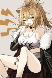 Rule 34 | 1girl, animal ear fluff, animal ears, arknights, bare shoulders, between fingers, black jacket, black shorts, blush, breasts, brown eyes, brown hair, candy, cleavage, fang, feet out of frame, food, fur-trimmed jacket, fur trim, grey background, highres, holding, holding candy, holding food, holding lollipop, jacket, large breasts, lightning bolt symbol, lion ears, lollipop, long hair, off shoulder, one eye closed, open clothes, open jacket, open mouth, ponytail, shiduki eku, short shorts, shorts, siege (arknights), simple background, solo, tank top, white tank top, yawning