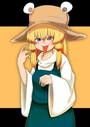 Rule 34 | 1girl, black background, blonde hair, blue eyes, blue skirt, blue vest, blush, breasts, brown hat, closed mouth, commentary request, cowboy shot, hair between eyes, hair ribbon, hat, highres, horizontal pupils, kurodani yamame, long hair, long sleeves, looking at viewer, moriya suwako, orange background, red ribbon, ribbon, rinyamame, shirt, skirt, skirt set, small breasts, smile, solo, tongue, tongue out, touhou, turtleneck, two-tone background, vest, white shirt, wide sleeves