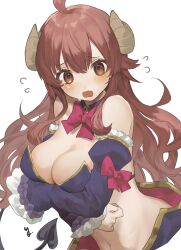 Rule 34 | 1girl, absurdres, ahoge, arms under breasts, bad id, bad twitter id, bare shoulders, bow, breasts, brown eyes, brown hair, cleavage, crisis management form (machimazo), demon girl, demon horns, demon tail, detached collar, detached sleeves, fang, flying sweatdrops, highres, horns, large breasts, long hair, looking at viewer, machikado mazoku, navel, open mouth, raised eyebrows, red bow, signature, simple background, skin fang, solo, tachibana wataru (123tsuki), tail, tearing up, upper body, white background, yoshida yuuko (machikado mazoku)