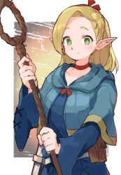 Rule 34 | 1girl, blonde hair, blue capelet, blue robe, blush, capelet, choker, closed mouth, dungeon meshi, green eyes, hair ribbon, holding, holding staff, hood, hood down, hooded capelet, jamir, long hair, long sleeves, looking at viewer, marcille donato, pointy ears, ponytail, red choker, red ribbon, ribbon, robe, simple background, solo, staff, wide sleeves