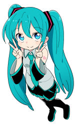 Rule 34 | 1girl, aqua hair, blue eyes, boots, detached sleeves, double v, foreshortening, from above, hatsune miku, long hair, looking at viewer, necktie, pleated skirt, skirt, sleeveless, solo, thigh boots, thighhighs, tonmoh, twintails, v, very long hair, vocaloid, white background, wide sleeves