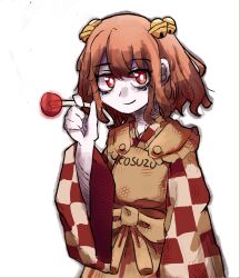 Rule 34 | 1girl, apron, artist request, bell, bow, candy, checkered clothes, chupa chups, food, highres, holding, holding food, japanese clothes, kimono, lollipop, long sleeves, looking at viewer, motoori kosuzu, red eyes, red hair, short hair, smile, solo, touhou, two side up
