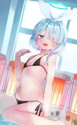 Rule 34 | 1girl, arona (blue archive), bikini, black bikini, blue archive, blue hair, braid, choker, collarbone, commentary, day, dot nose, flat chest, half-closed eyes, hand on floor, hand up, heater, highres, indoors, kure (kure ng), legs, light blue eyes, light blue hair, looking at viewer, micro bikini, navel, on floor, open mouth, short hair, sitting, smile, solo, stomach, string bikini, sweat, swimsuit, thighs, wariza, water, window