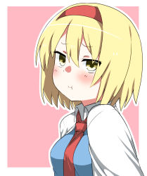 Rule 34 | 1girl, :t, alice margatroid, blonde hair, blush, breasts, capelet, hairband, highres, kz oji, looking at viewer, medium breasts, necktie, pout, short hair, smile, solo, touhou, upper body, yellow eyes