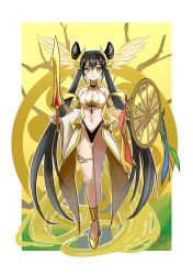 Rule 34 | 1girl, adapted costume, bikini, black hair, chaya mago, duel monster, full body, head wings, highres, holding, holding shield, holding sword, holding weapon, long hair, ohime the manifested mikanko, shield, signature, solo, swimsuit, sword, twintails, very long hair, weapon, wings, yellow eyes, yu-gi-oh!