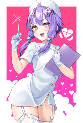Rule 34 | 1girl, :d, alternate costume, bikini, blush, clipboard, collared dress, commentary request, cowboy shot, dress, glint, gloves, hair ornament, hairclip, hat, heart, heart background, highres, holding, holding clipboard, holding syringe, looking at viewer, nurse, nurse cap, open mouth, pink background, purple eyes, purple hair, short dress, short hair with long locks, short sleeves, sidelocks, smile, solo, sparkling eyes, swimsuit, syringe, tenneko yuuri, thighhighs, v-shaped eyebrows, vocaloid, voiceroid, white bikini, white gloves, white thighhighs, yuzuki yukari, zettai ryouiki